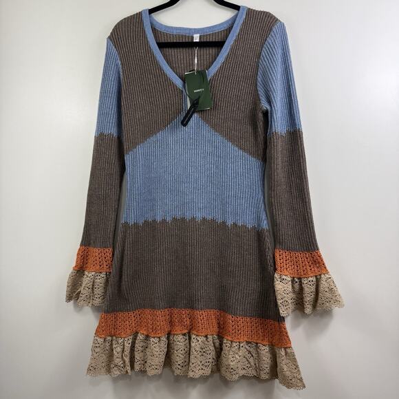 Bohemian Yohers New Colorblock Knit Crochet Ruffle Lace Trim Mini Dress Large - Picture 13 of 15